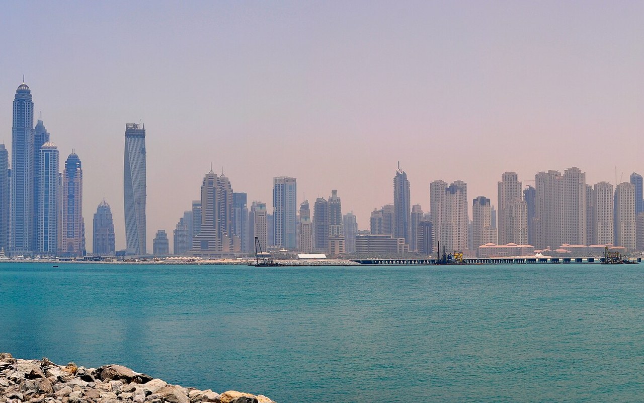 Dubai Marina skyline of high-rise towers seen across the water